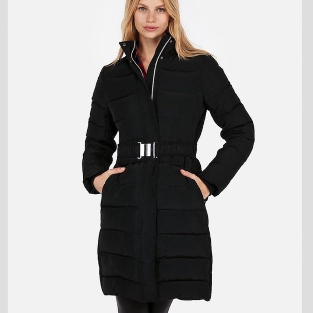 NEW EXPRESS Black Long Down Belted Smocked Puffer Jacket Coat XXS